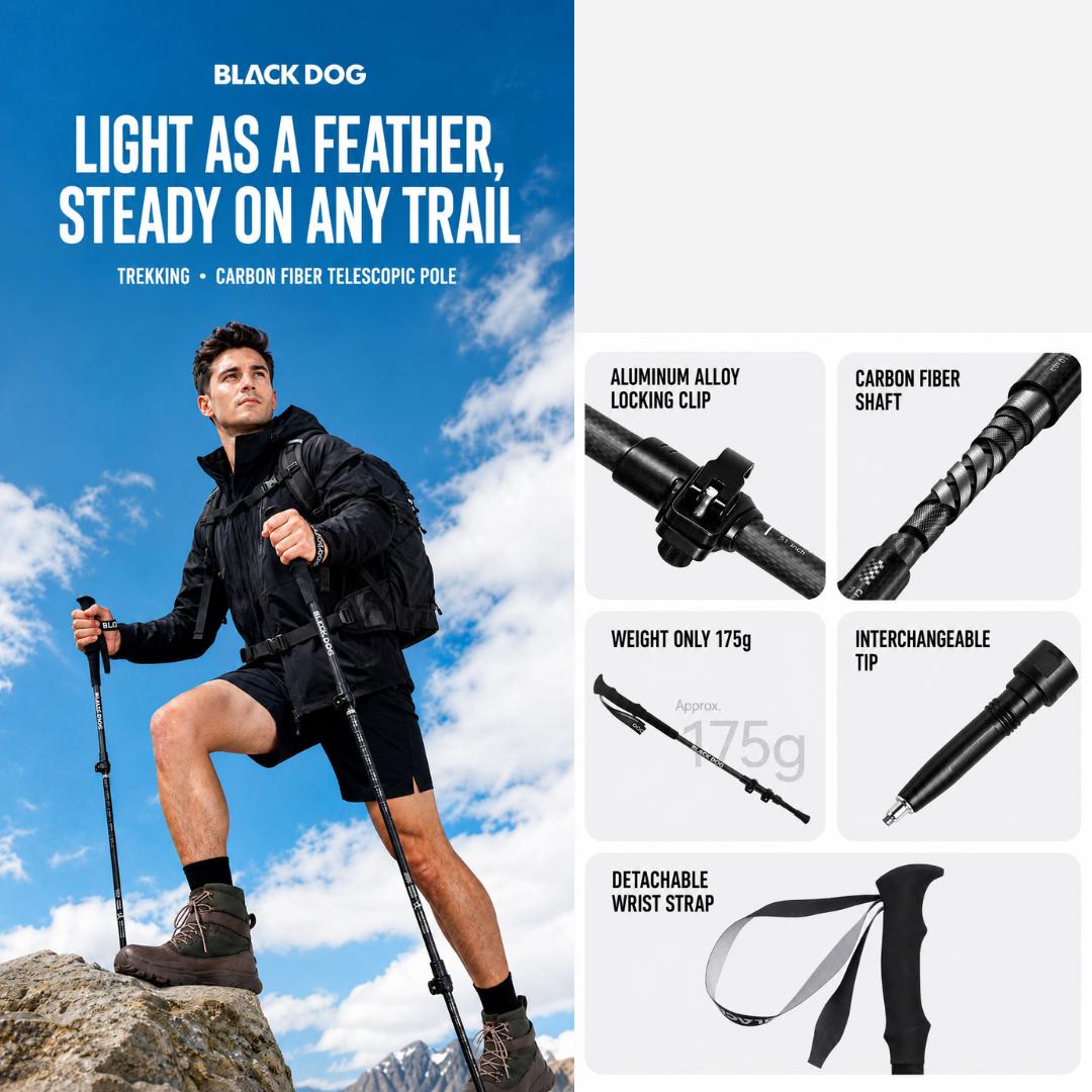 Blackdog Trekking Pole Carbon Xingshan CBD2650DS012 Tongkat Hiking Pendakian Camping Trekpole Teleskopik Ringan