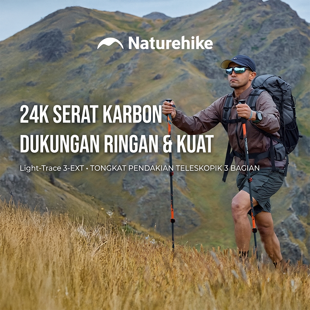 Naturehike Trekking Pole 3EXT 3-Section CNK2550DS015 Carbon Fiber Telescopic Lock Ultralight Ringan 1pcs