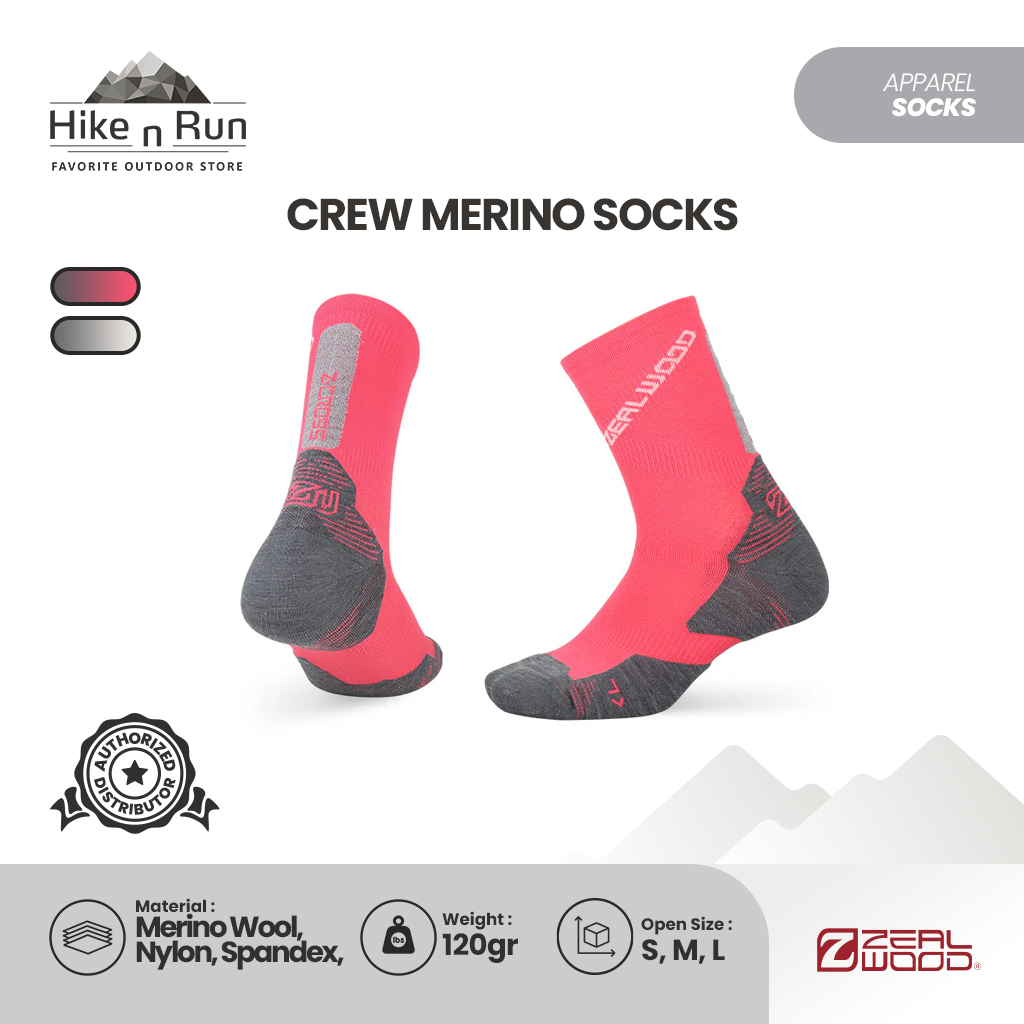 Zealwood R2 Z-Cross Kaos Kaki Trail Run Hiking Crew Merino Socks