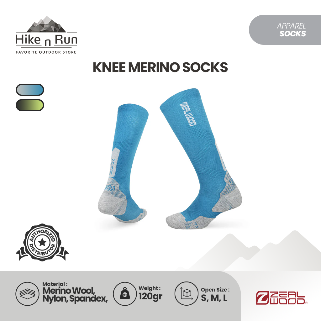 Zealwood R3 Z-Cross Kaos Kaki Trail Run Hiking Knee Merino Socks