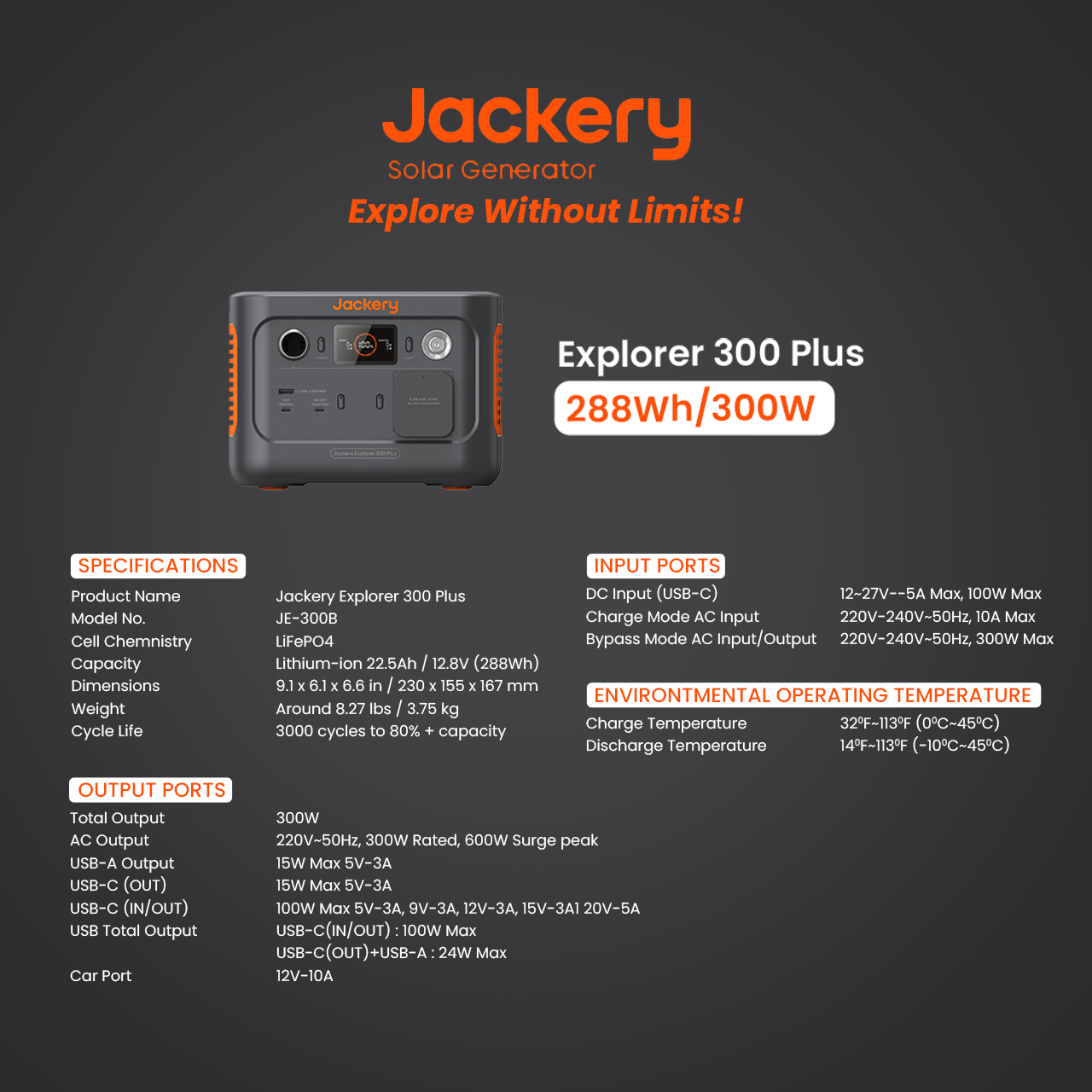 Jackery Explorer 300 Plus Portable Power Station Solar Generator - Power Bank Outdoor Hiking Camping