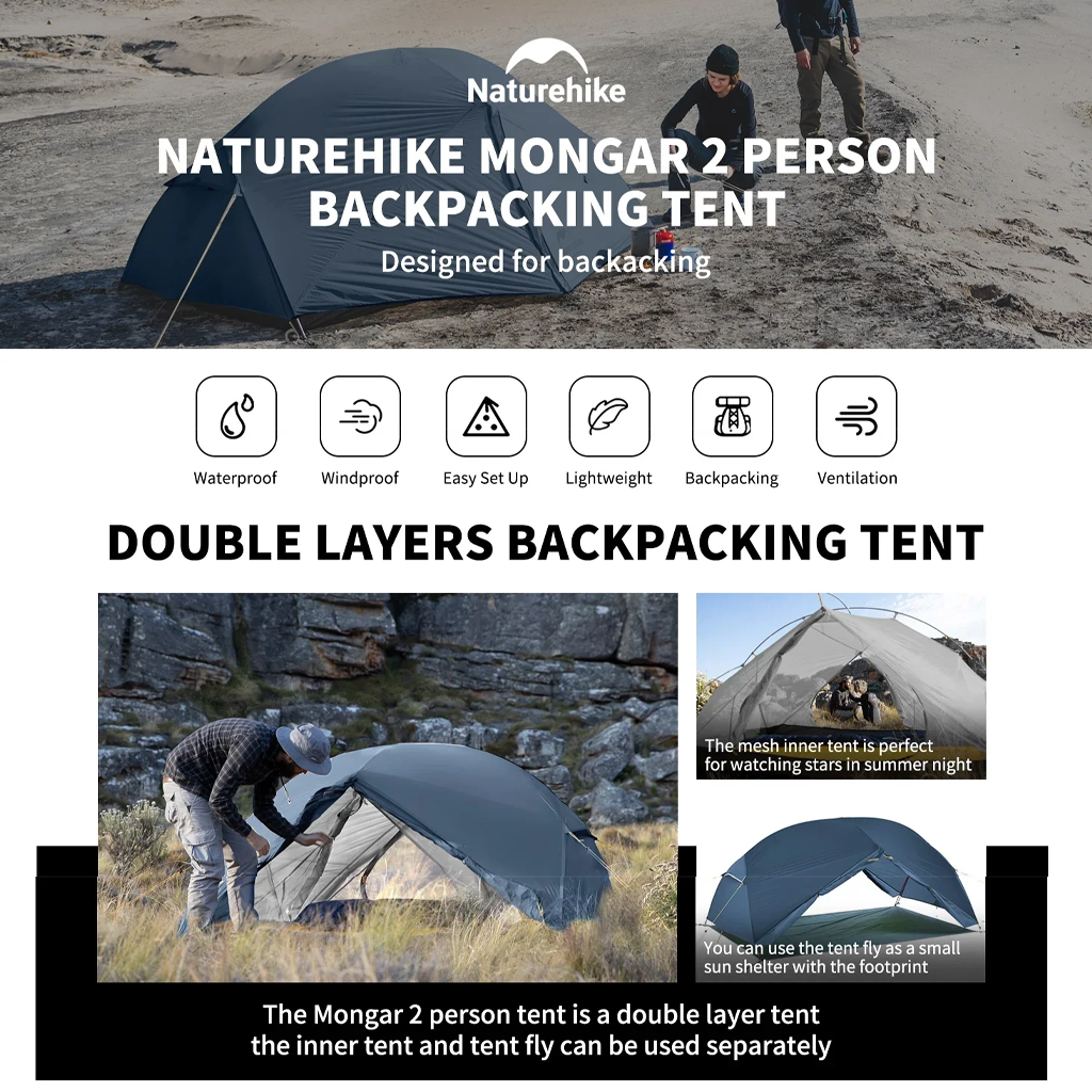 Naturehike Tenda Hiking Mongar NH17T007-M Tenda Ultralight 2 Orang NH19M002-J