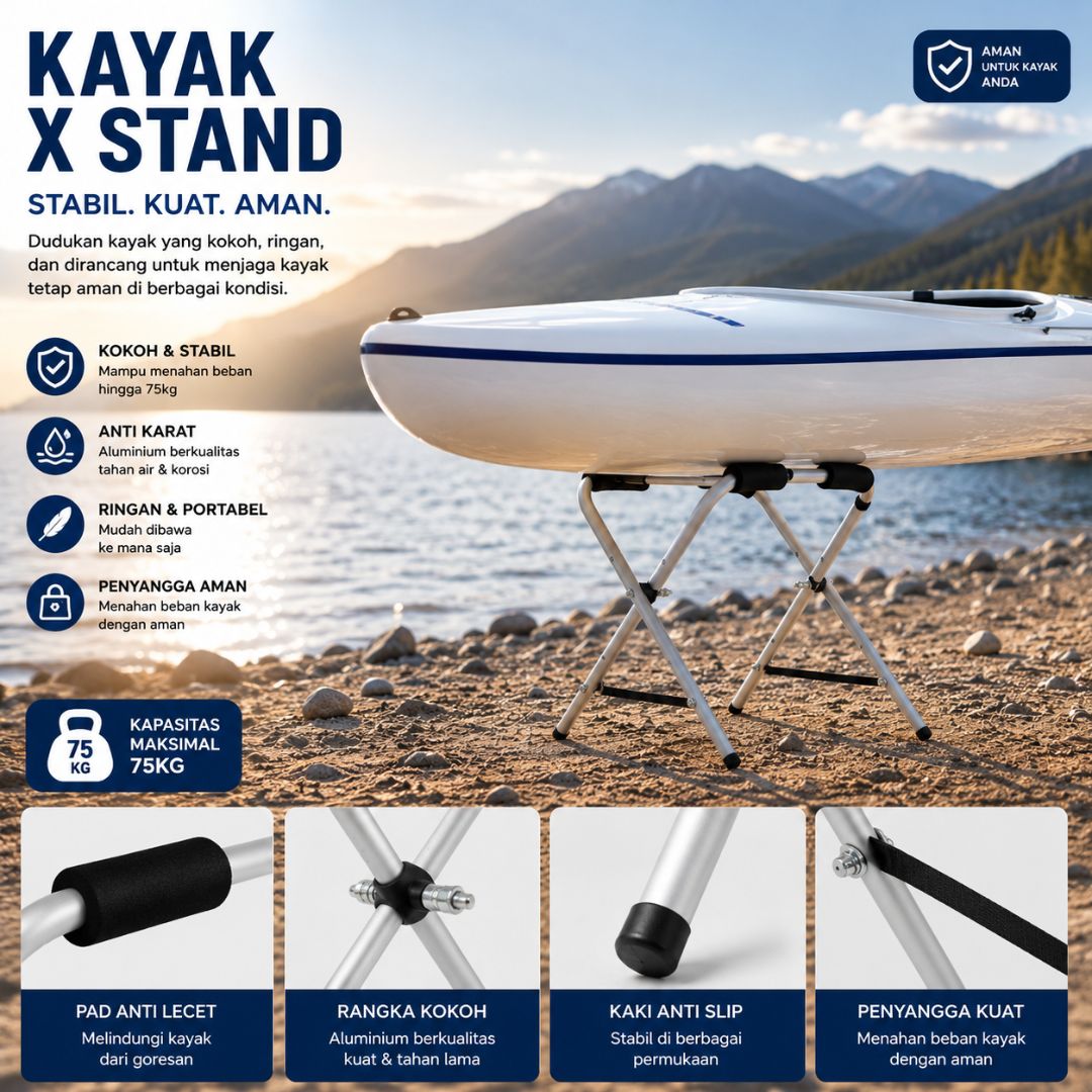 Mantasport Stand Kayak Aluminium Folding X Stand Canoe Rack Portable Anti Lecet Dudukan Kayak Lipat