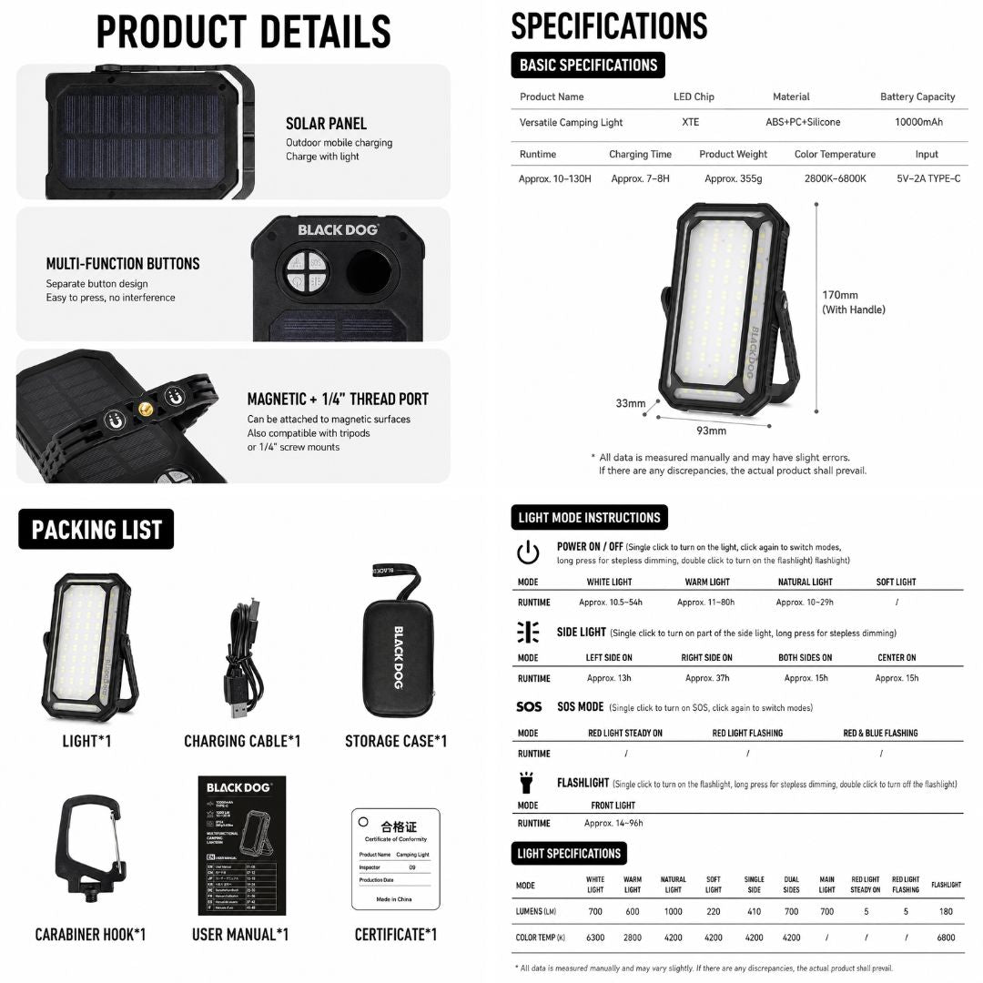 Blackdog Camping Lantern 10000mAh Solar Charging Lampu Camping Power Bank CBD2550ZM047 Lampu Solar Panel