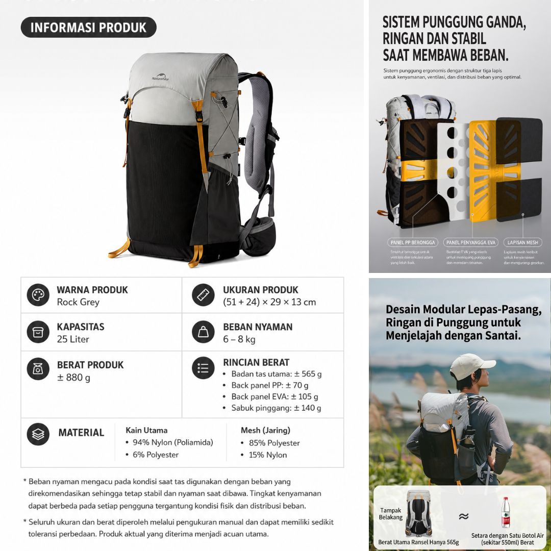 Naturehike Tas Hiking Gunung Ringan Hydrogen 25L Ultralight Backpack CNK2550XB010-D8U Tas Ransel Hiking Lipat Ringan Waterproof Daypack Travel Outdoor