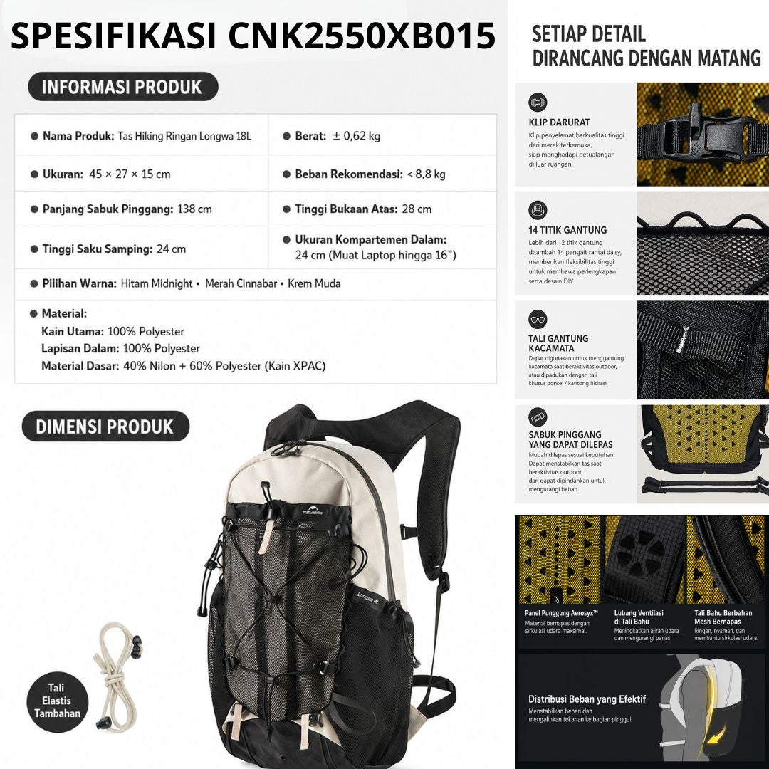 Naturehike Tas Hiking Gunung Ringan Longwa 18L CNK2650XB010 Ultralight Backpack Ransel Hiking Daypack Travel Outdoor CNX2550XB015