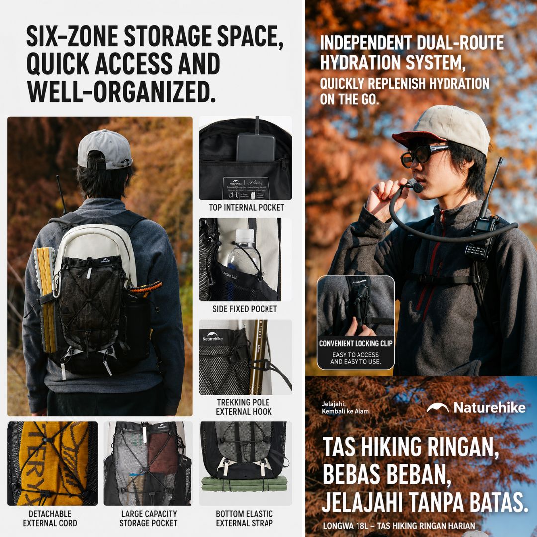 Naturehike Tas Hiking Gunung Ringan Longwa 18L CNK2650XB010 Ultralight Backpack Ransel Hiking Daypack Travel Outdoor CNX2550XB015