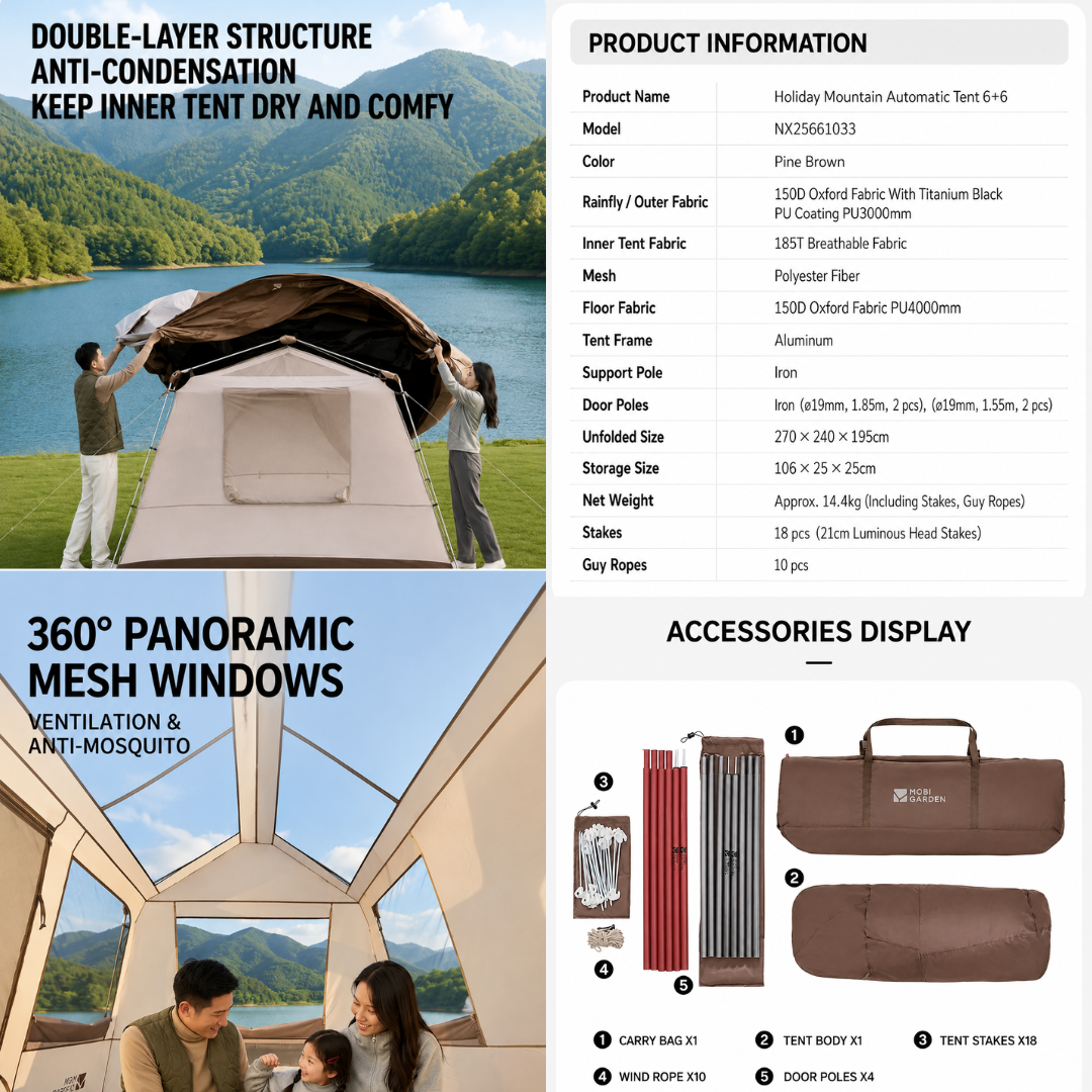 Mobi Garden Tenda Glamping 4-8 Orang Keluarga Holiday Mountain Residence 6+6 NX25661033 Auto Tent Family Camping 4-8P