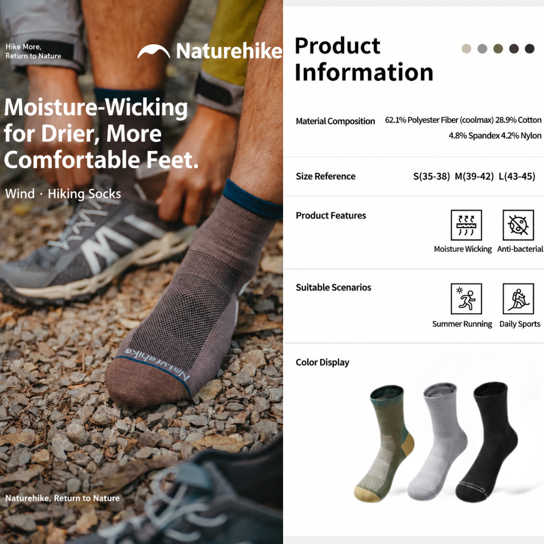 Naturehike Kaus Kaki Hiking Coolmax CYY2551FS011 Crew Sock Hiking Anti Odor Kaos Kaki Anti Bau