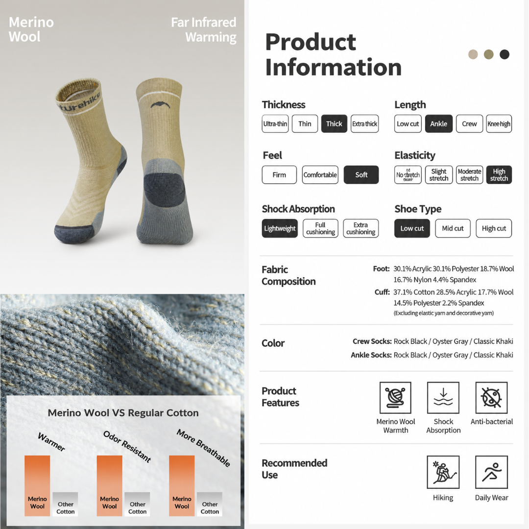Naturehike Kaus Kaki Hiking Wool CYY2541FS011 Ankle Crew Sock Hiking Anti Odor Kaos Kaki Anti Bau