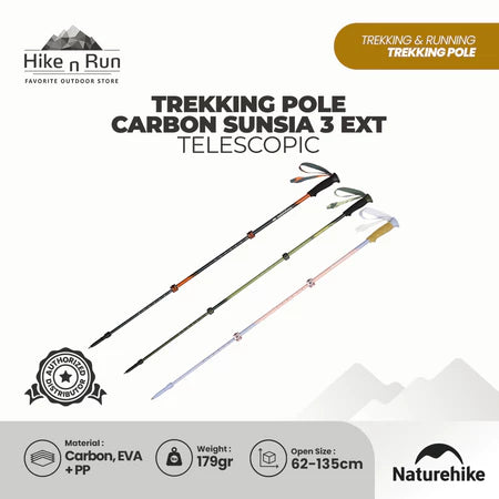 Naturehike Trekking Pole 3EXT 3-Section CNK2550DS015 Carbon Fiber Telescopic Lock Ultralight Ringan 1pcs