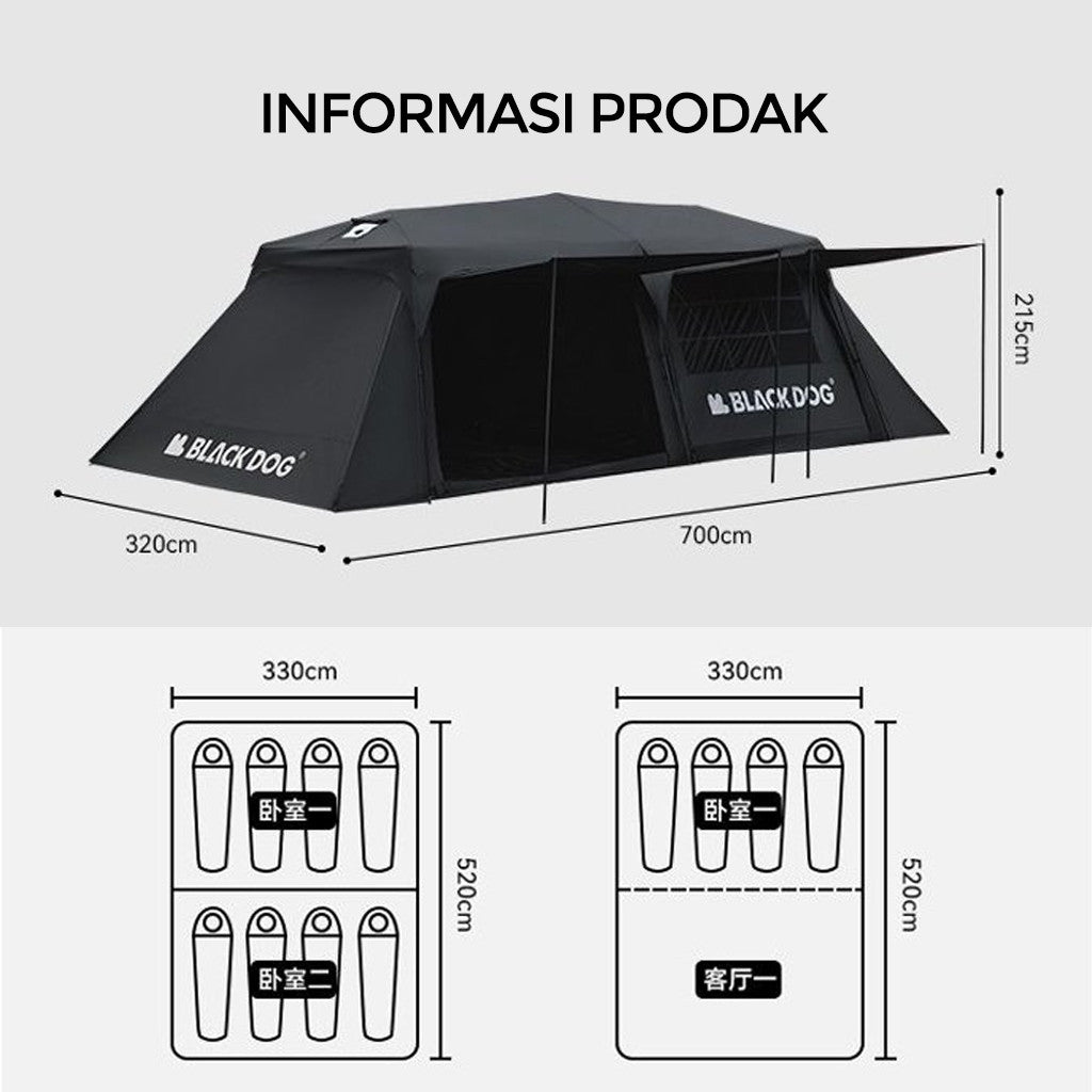 Blackdog Tenda Glamping SpaceX Starship CBD2450WS051 Camping Automatic Tent Black Vinyl Coating Tenda Keluarga Besar 8-10 Orang