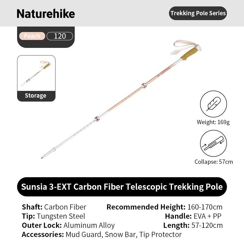Naturehike Trekking Pole 3EXT 3-Section CNK2550DS015 Carbon Fiber Telescopic Lock Ultralight Ringan 1pcs