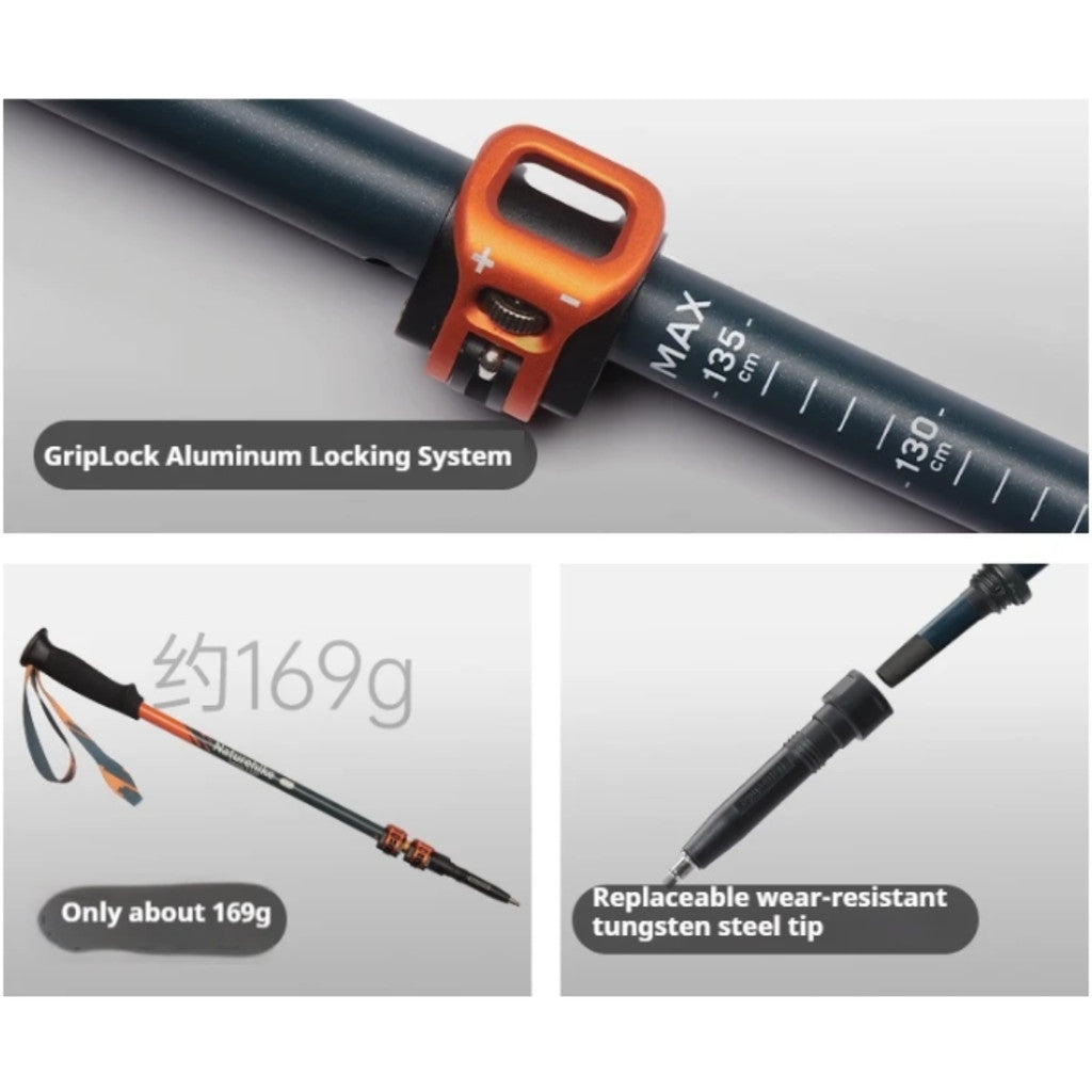 Naturehike Trekking Pole 3EXT 3-Section CNK2550DS015 Carbon Fiber Telescopic Lock Ultralight Ringan 1pcs