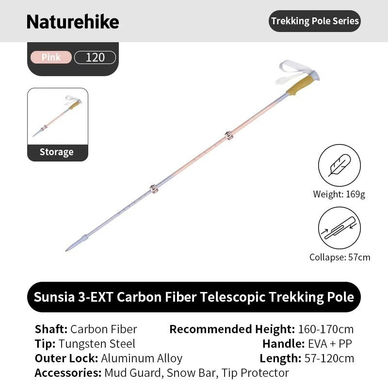 Naturehike Trekking Pole 3EXT 3-Section CNK2550DS015 Carbon Fiber Telescopic Lock Ultralight Ringan 1pcs