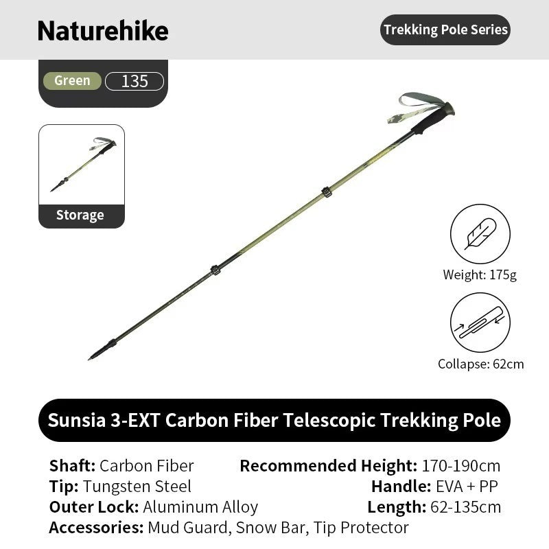 Naturehike Trekking Pole 3EXT 3-Section CNK2550DS015 Carbon Fiber Telescopic Lock Ultralight Ringan 1pcs