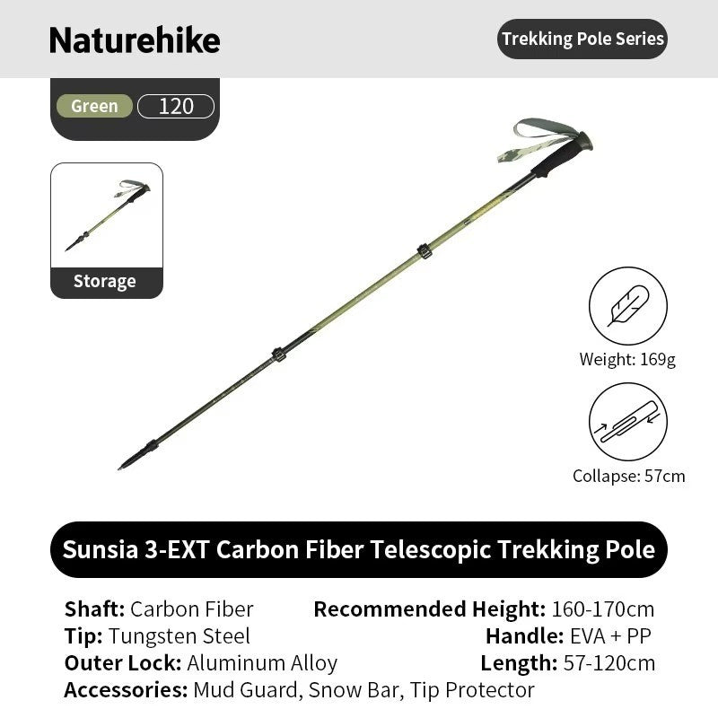 Naturehike Trekking Pole 3EXT 3-Section CNK2550DS015 Carbon Fiber Telescopic Lock Ultralight Ringan 1pcs