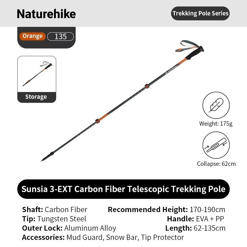 Naturehike Trekking Pole 3EXT 3-Section CNK2550DS015 Carbon Fiber Telescopic Lock Ultralight Ringan 1pcs
