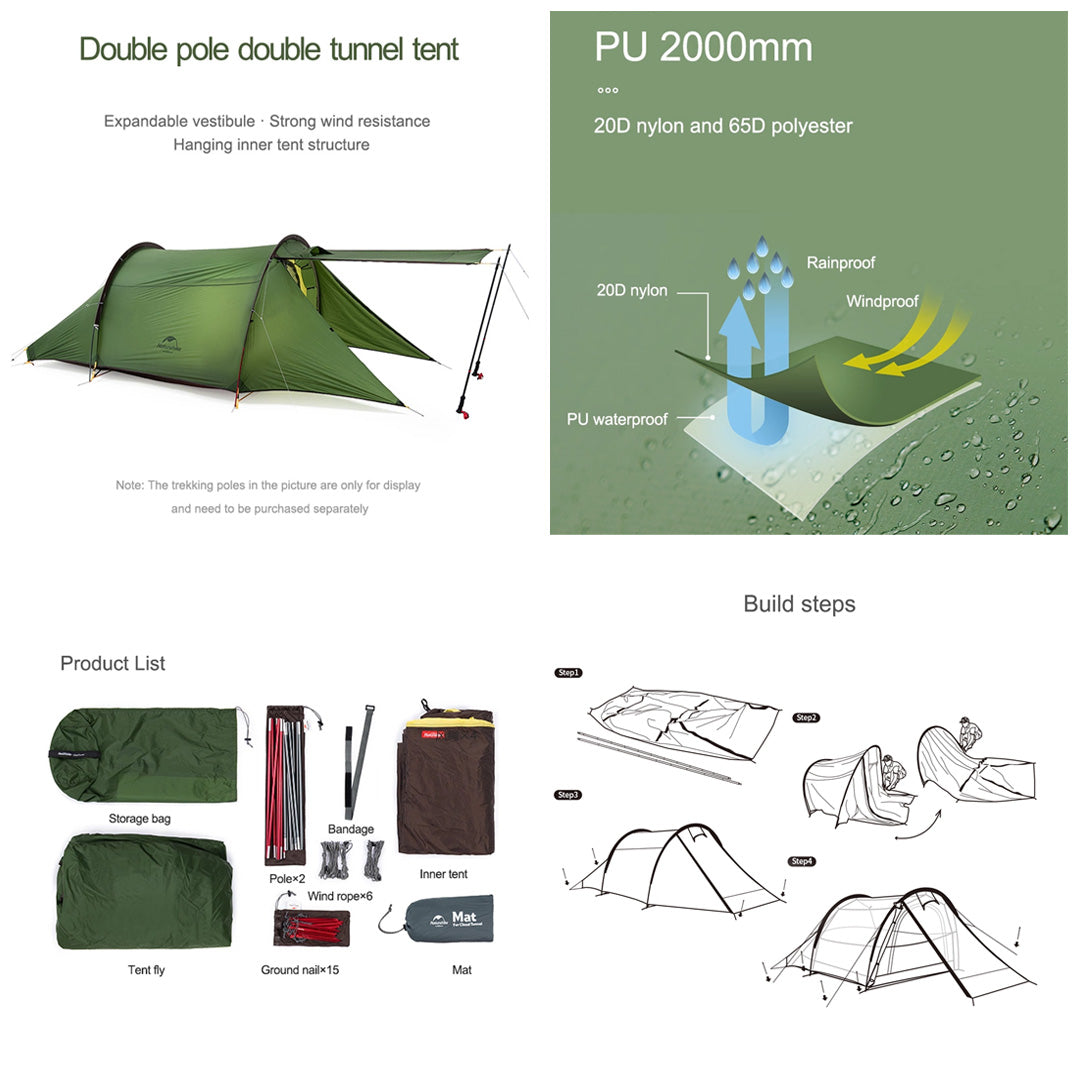 Tenda Camping 2 Orang - Naturehike Cloud Tunnel NH20ZP006 (20D) (210T)