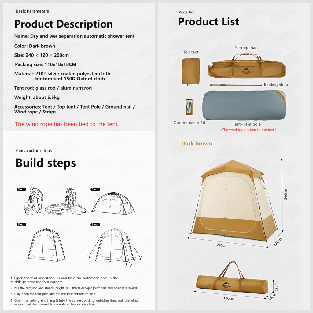 Tenda Toilet Otomatis Naturehike NH22ZP006 Wet and Dry Shower Tent